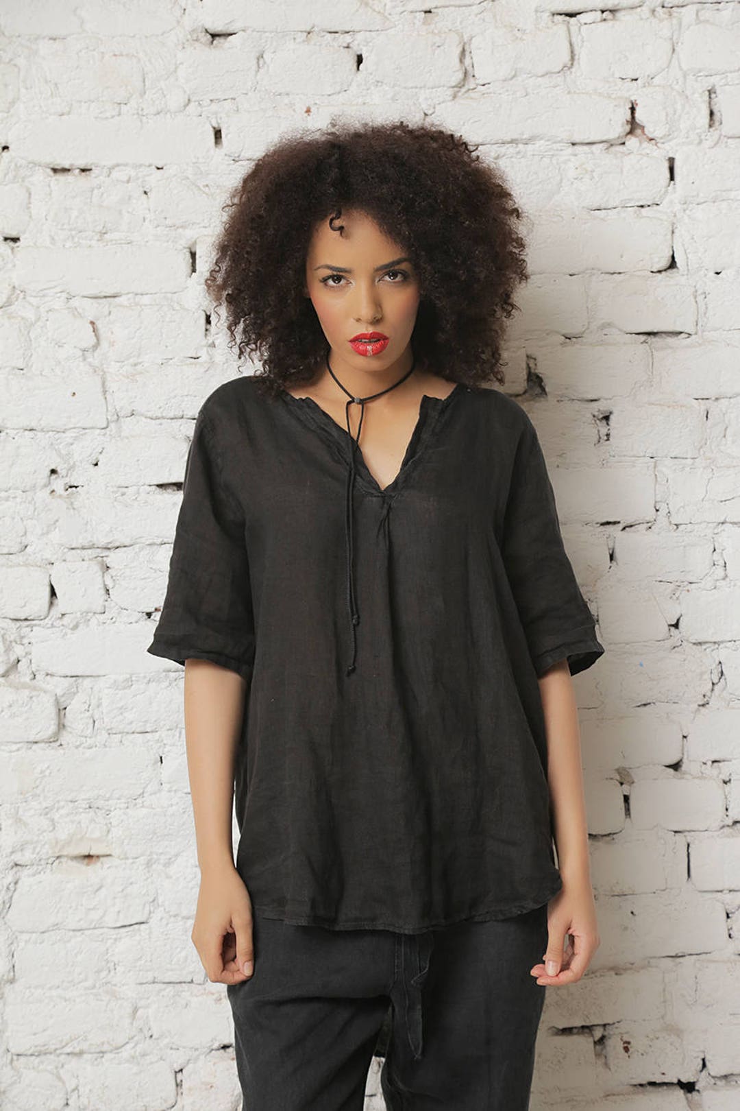Black Linen Shirt, Women Linen Top, off Shoulder Shirt, Casual Black — free download