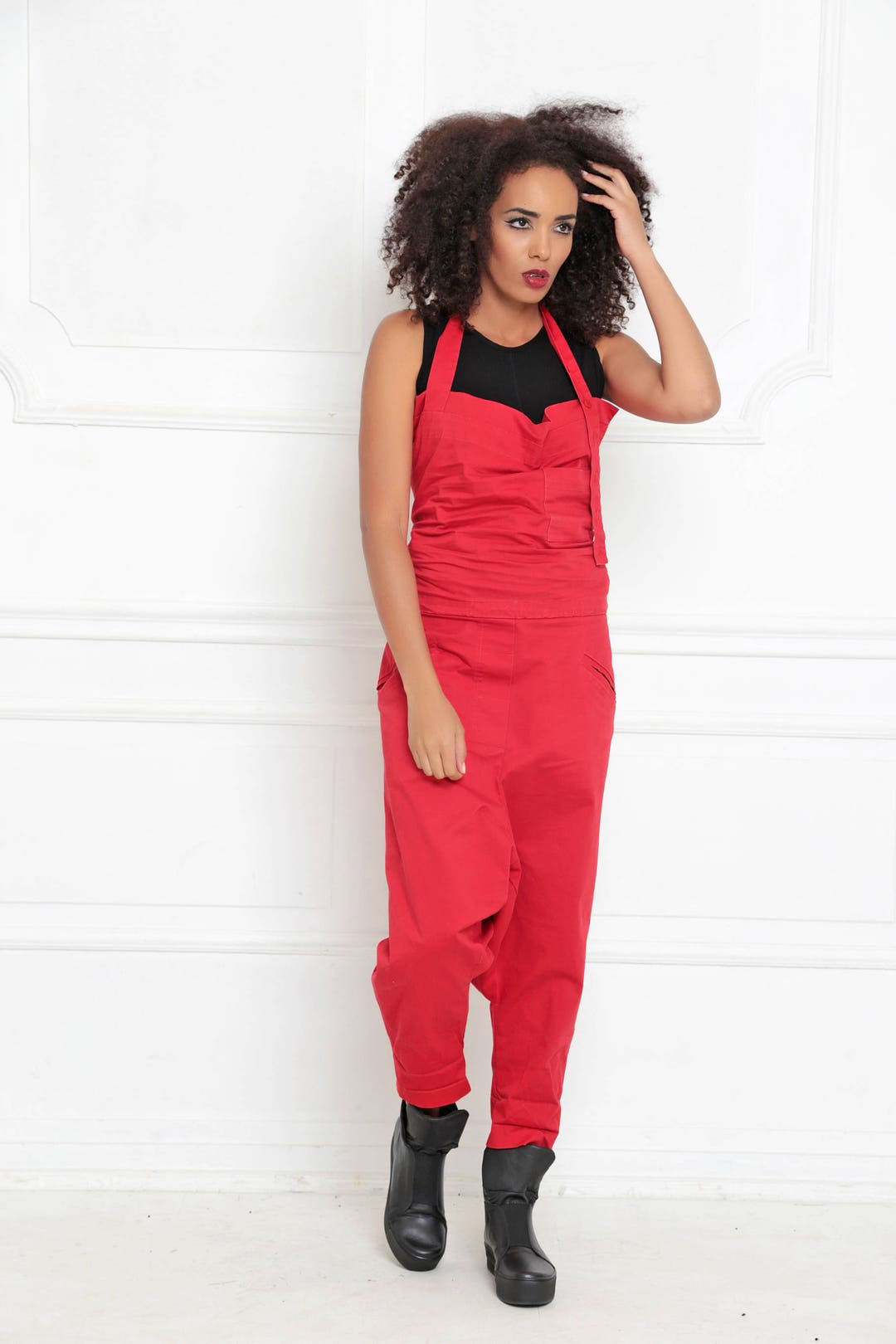 Red Jumpsuit Linen Jumpsuit Harem Jumpsuit Wide Leg Etsy