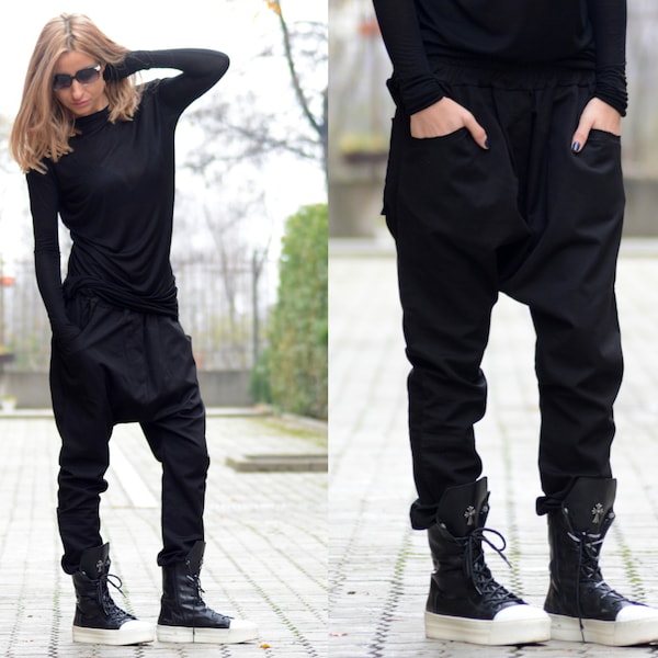 Harem Pants Women, Drop Crotch Pants, Baggy Pants, Steampunk Clothing, Low Crotch Pants, Black Harem Pants, Wide Leg Pants, Women Pants