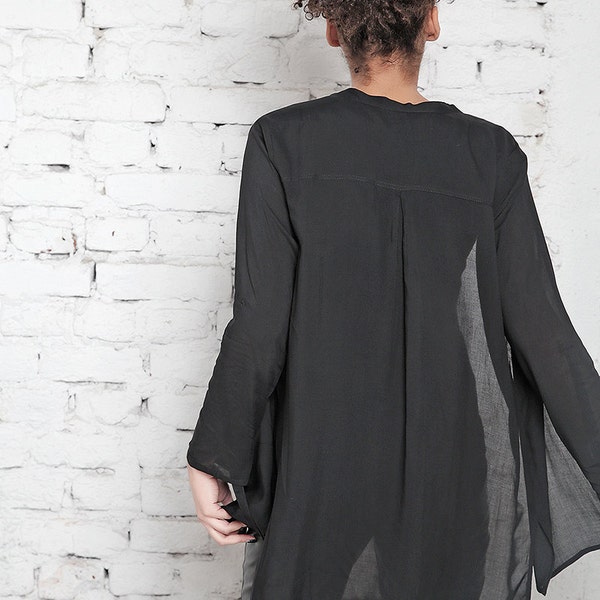 Asymmetric Black Viscose Top: Oversized Caftan with Pockets
