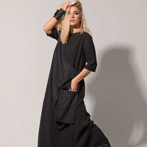 Linen Maxi Dress, Linen Clothing, Wrap Dress In Black, Maxi Linen Dress, Black Maxi Dress, Plus Size Dress, Linen Kaftan, shops Short Sleeve Dress