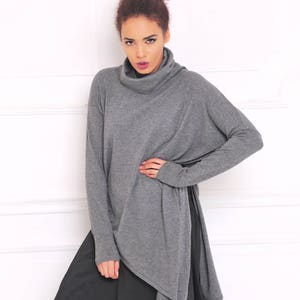 Asymmetric Cowl Neck Tunic: Oversized Gray Cotton Blend Sweater
