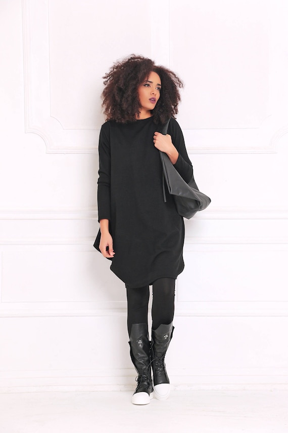 Sweater Black Long Tops For Leggings Solid Color Asymmetric V-neck