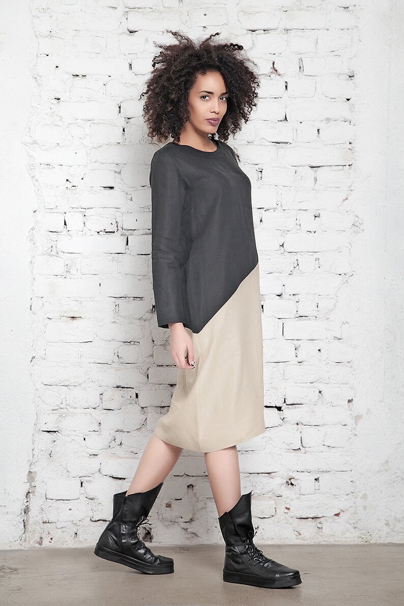 Shift Dress Black Beige Dress Linen Dress With Two Colors Midi Dress Long Sleeve Dress Plus Size Clothing Party Dress Loose Dress