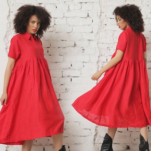 Red Linen Dress Shirt Linen Dress for Women Midi Linen - Etsy