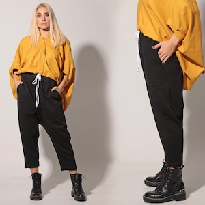 Drop Crotch Capri Pants: Women&#39;s Black Cotton Urban Trousers