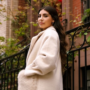 Beige Wool Coat with Plush Faux Fur Pockets
