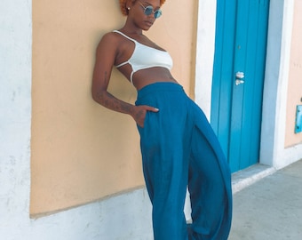 High Waisted Asymmetrical Pants | GADISE | Palazzo Pants, Wide Leg Pants, Summer Blue Pants, Extravagant Trousers, Cotton Pants, Long Pants