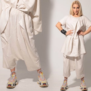 Linen Harem Pants: Wide Leg Drop Crotch Trousers