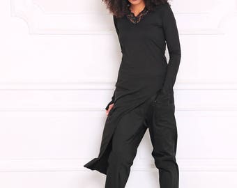 Tunika Top für Frauen, Avant Garde Kleidung, Minimalistisches Top, Plus Size Goth Tunika, Futuristisches Top, Schwarze Maxi Tunika, Langarm, Asymmetrisch