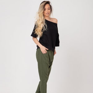 Cotton Harem Pants: Military Green Drop Crotch Baggy Trousers
