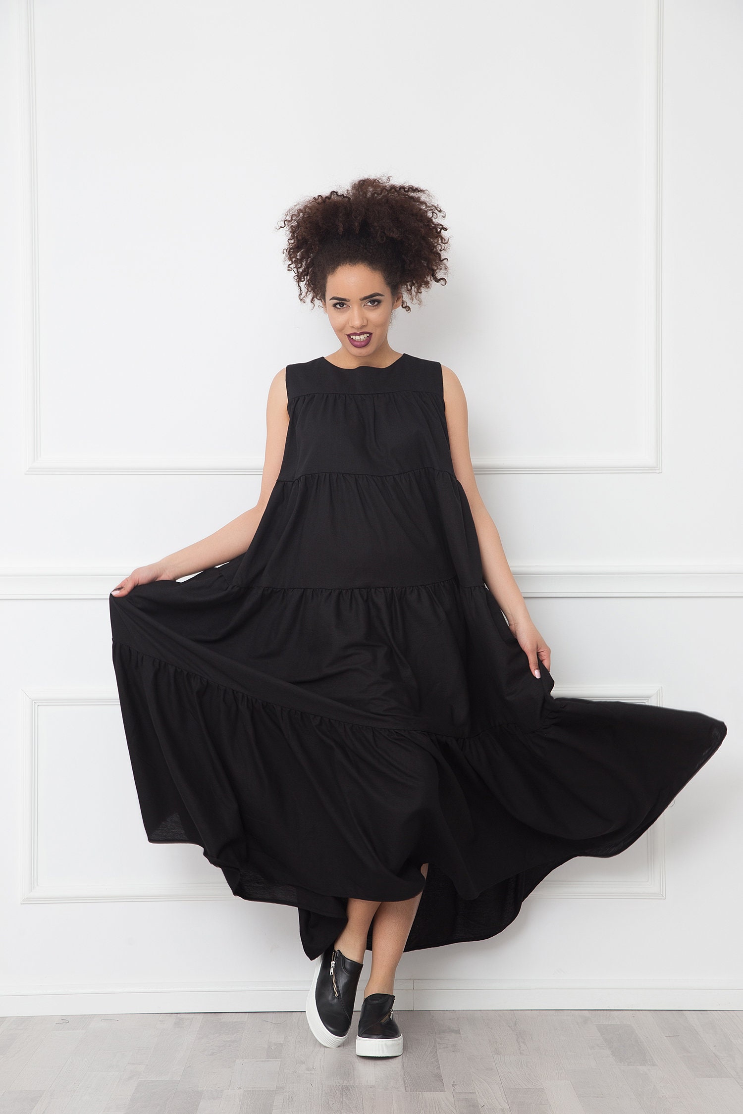★ MARRON EDITION★ 25 Summer_ Black Layered Maxi Dress Linen Dress for Summer, Kaftan Dress, Black Maxi Dress