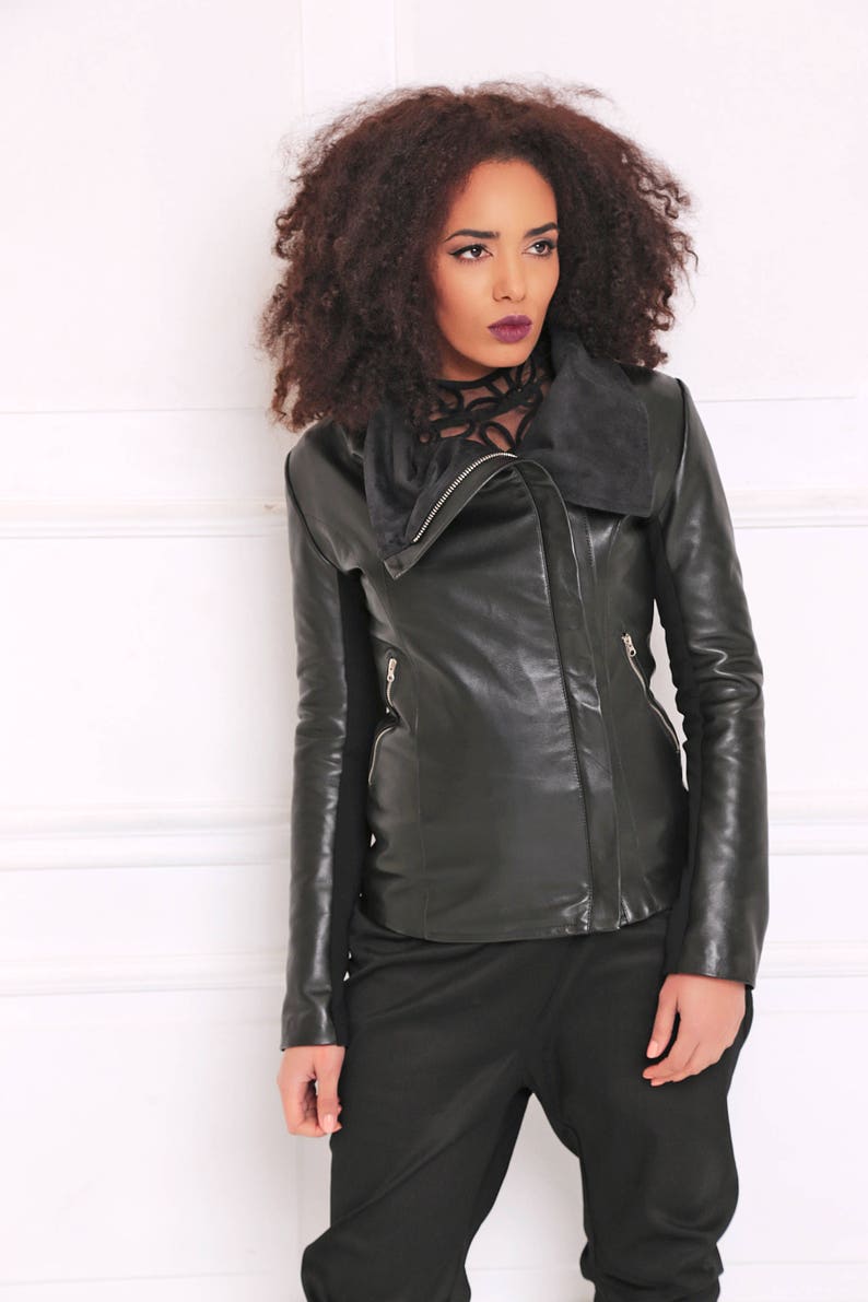 Black Leather Coat Jacket Women Winter Gothic Clothing Short Warm Minimalist A3066