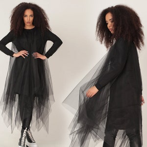 Black Tulle Oversized Dress: Asymmetric Sheer Party Goth Dress
