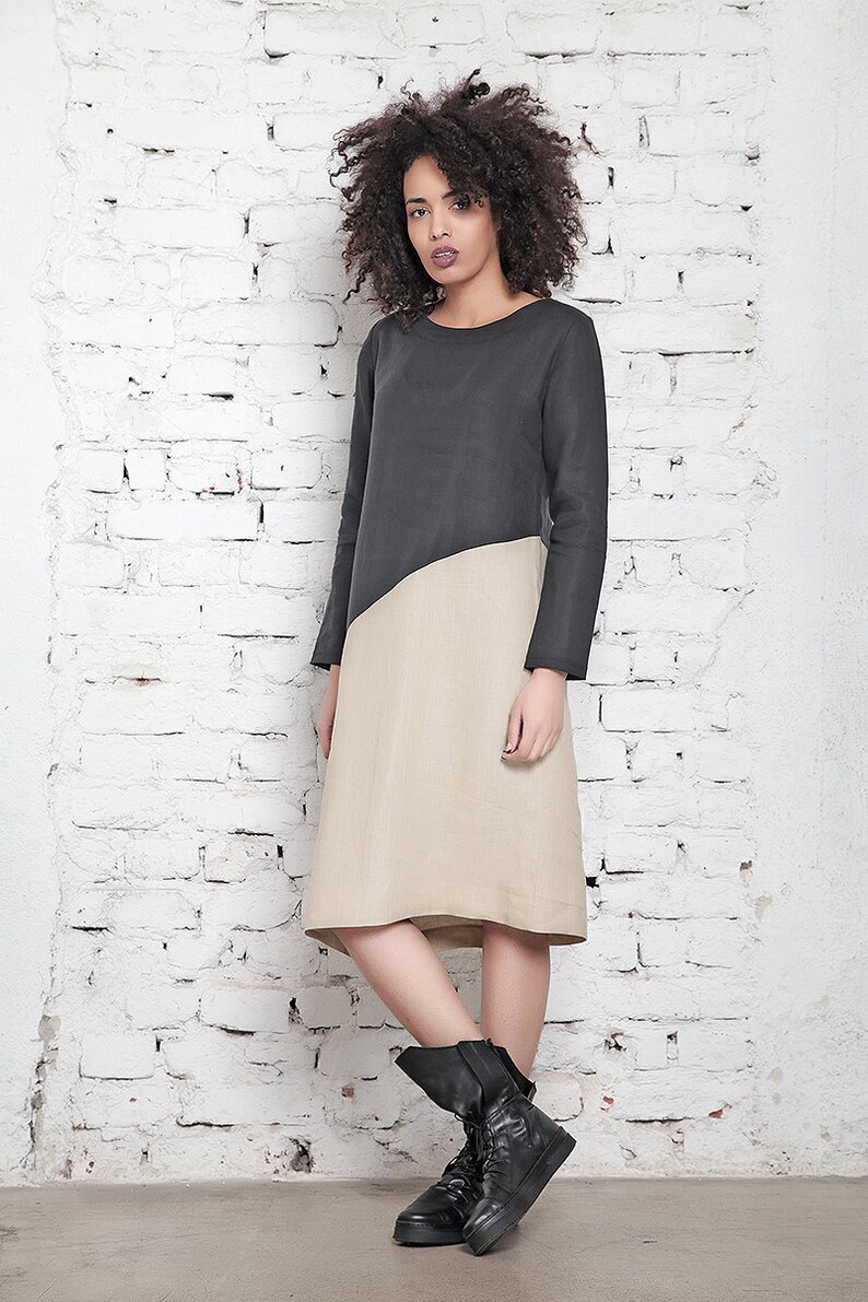 Shift Dress Black Beige Dress Linen Dress With Two Colors Midi Dress Long Sleeve Dress Plus Size Clothing Party Dress Loose Dress