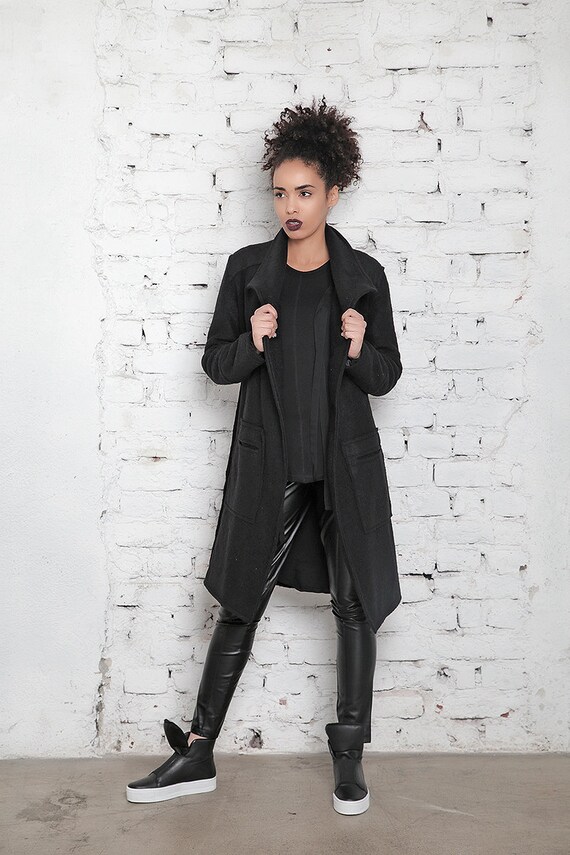 plus size long black wool coat
