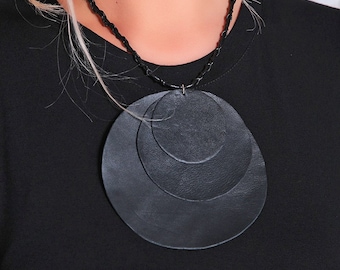 Black Statement Necklace, Women Accessories, Leather Pendant, Chunky Necklace,Circle Necklace,Boho Pendant,Fashion Necklace,Leather Jewelry