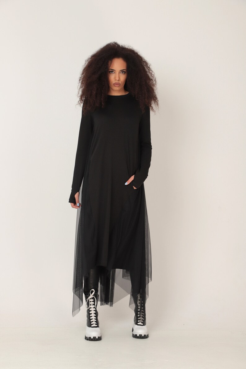 Pure Black Embroidered Tulle Dress