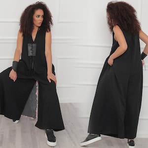 Black Wide Leg Jumpsuit: Sleeveless Viscose Blend Palazzo Overall