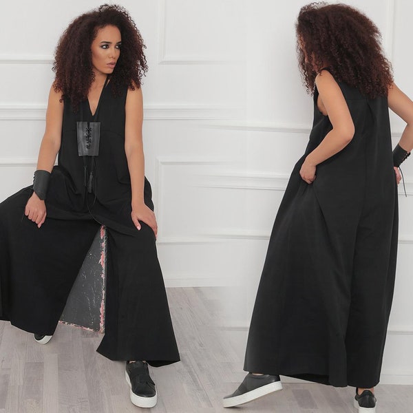 Black Wide Leg Jumpsuit: Sleeveless Viscose Blend Palazzo Overall