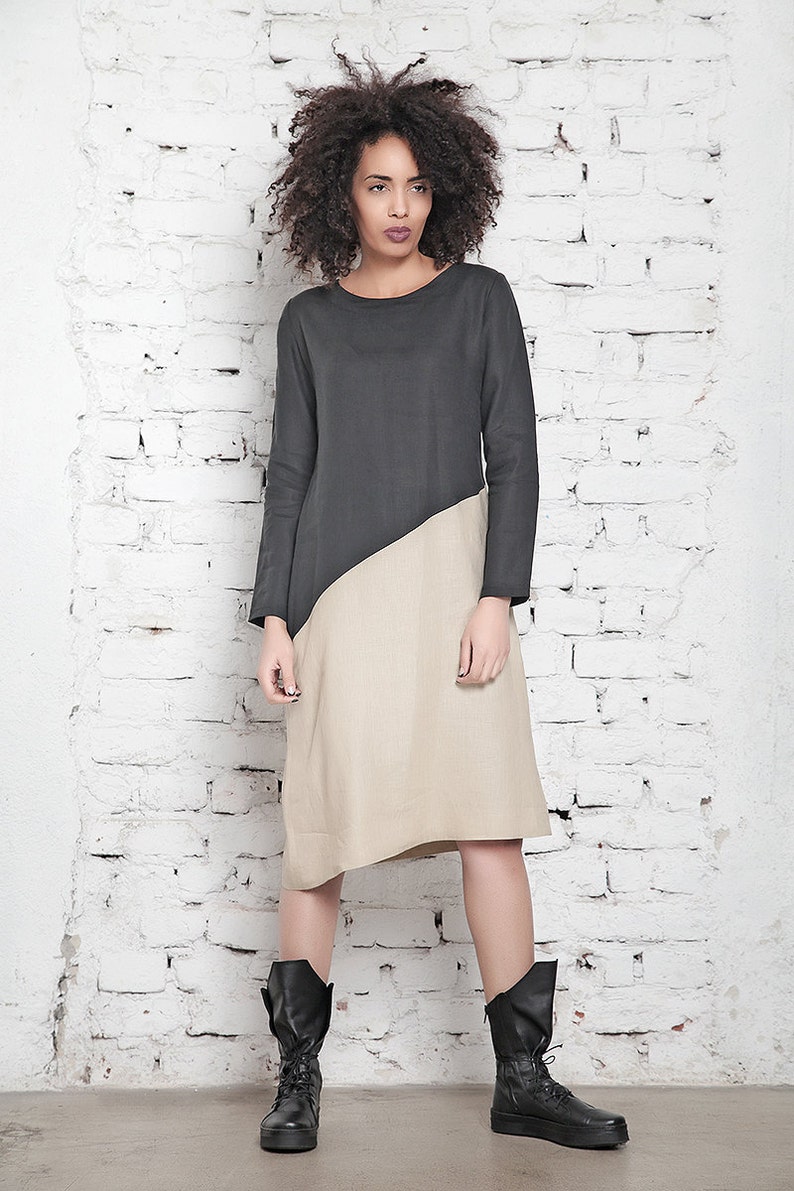 Shift Dress Black Beige Dress Linen Dress With Two Colors Midi Dress Long Sleeve Dress Plus Size Clothing Party Dress Loose Dress