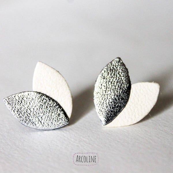 Silver White Leather Petal Stud Earrings