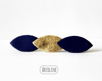 Barrette à cheveux Pince crocodile Cuir Bleu nuit Doré