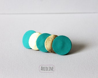 White Turquoise Green Gold Leather Barrette