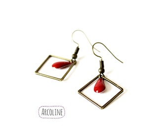 Boucles d'oreilles Sequin émaillé Rouge Anneau carré