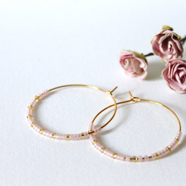 Boucle d'oreille Créole Perles Miyuki Rose Pâle Doré Blanc