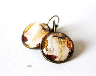 Boucles d'oreilles Dormeuses Cabochon 20 mm Klimt "Larmes d'or" Rétro Vintage