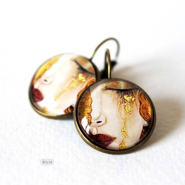 Boucles d'oreilles Dormeuses Cabochon 20 mm Klimt "Larmes d'or" Rétro Vintage