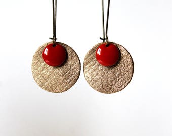 Boucles d'oreilles Cuir Doré Sequin Rouge