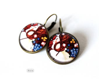 Boucles d'oreilles Dormeuses Cabochon 20 mm Klimt "Serpents d'eau" Rétro Vintage