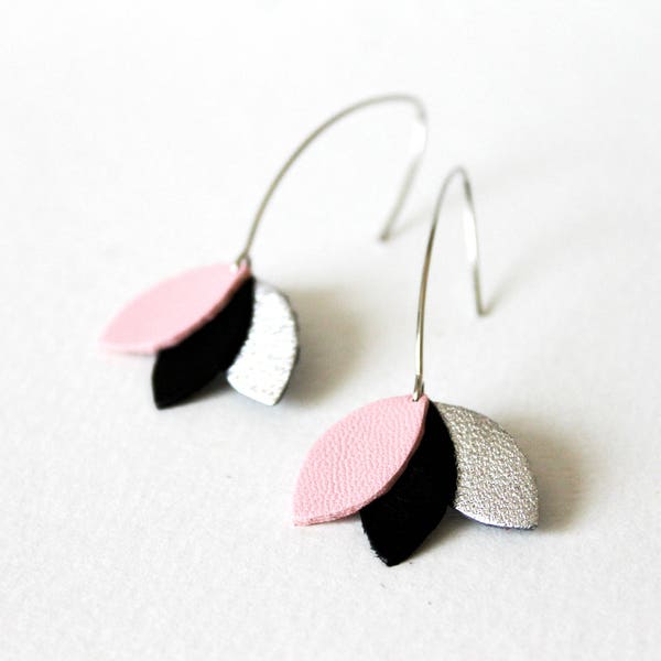 Lotus Petals Earring Leather Pink Black Silver