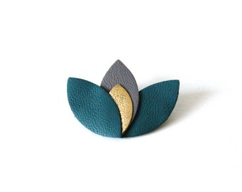 Lotus Brooch Leather Petals Duck Green Taupe Gold
