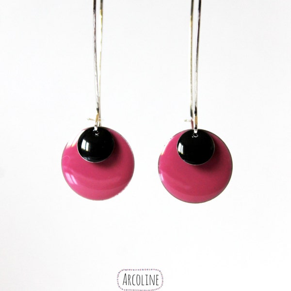 Longues Boucles d'oreilles sequins émaillés vieux rose et noir