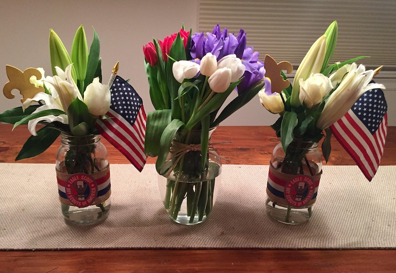 Boy Scout Eagle Court of Honor Mason Jar Table Centerpiece with Fleur de Lis and American Flag