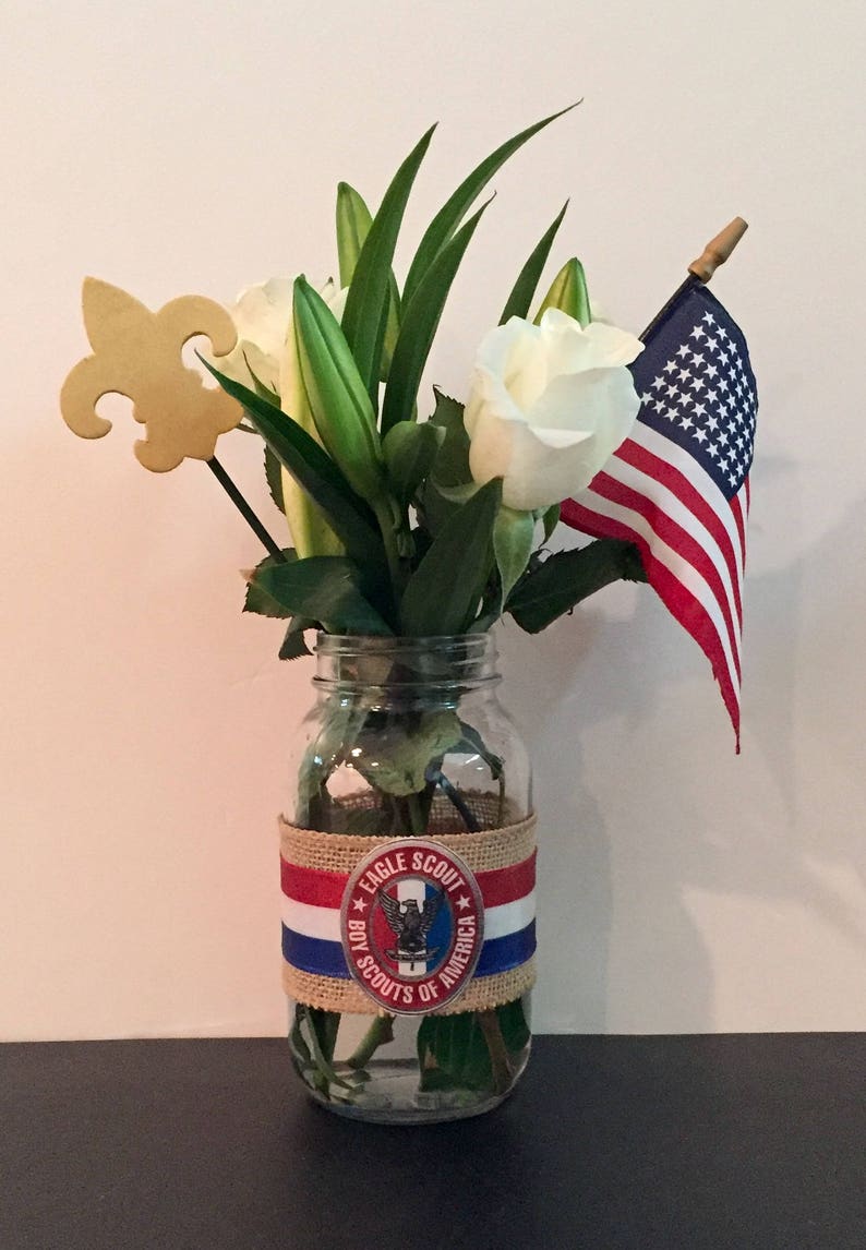 Boy Scout Eagle Court of Honor Mason Jar Table Centerpiece with Fleur de Lis and American Flag
