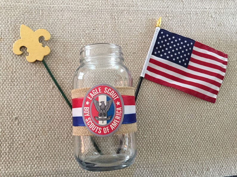 Boy Scout Eagle Court of Honor Mason Jar Table Centerpiece with Fleur de Lis and American Flag