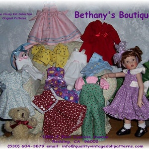 May include: A collection of doll clothes in various colors and patterns, including dresses, shirts, pants, and overalls. A doll with brown hair and a purple dress is holding a pair of green overalls. The doll is standing on a white rug. The text "Bethany's Boutique" is visible in the top right corner of the image.