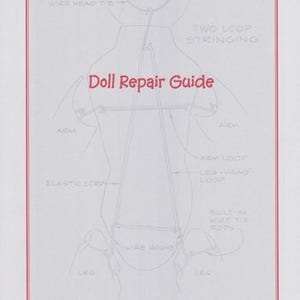 May include: A diagram showing how to repair a doll. The diagram shows the doll's head, arms, legs, and torso. The diagram includes labels for the different parts of the doll, such as the wire head tie, two loop stringing, elastic cord, arm loop, leg-head loop, wire hooks, and built-in wire tie rods. The diagram is titled "Doll Repair Guide".