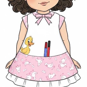 May include: Illustration of a young girl with brown curly hair and blue eyes, wearing a white apron with a pink bow and a pink skirt with a duck and swan pattern. She wears black shoes and white socks.