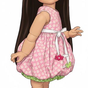 May include: A digital illustration of a doll wearing a pink floral dress with a white bow and green trim. The doll has long brown hair, blue eyes, and a pink bow. She is wearing white socks and black Mary Jane shoes.