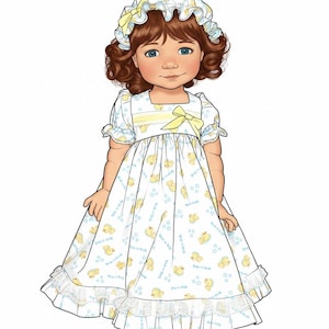 May include: Illustration of a young girl wearing a white dress and bonnet adorned with yellow duck patterns and bows. The dress features a square neckline, ruffled sleeves, and a lace hem. The girl has brown curly hair and blue eyes.