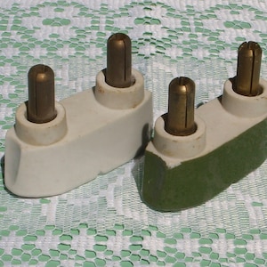 A Pair of Large Vintage Ceramic Fuse Plugs.  Two Industrial French White China Two Pin Fuses 250V 100 Amp.