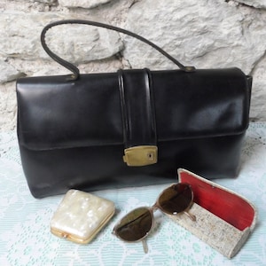 Stunning Mid Century Black Handbag. Vintage Black Top Handle Leather and Gold Handbag. Retro Black Handbag.