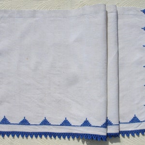 French Crochet Shelf Trim in Quality Linen with Blue Crochet Edge.  Vintage Handmade Decorative Trim Edging