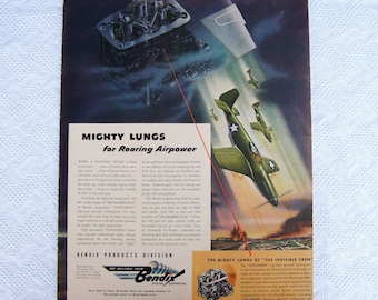 Original 1940s Bendix Aviation Ad. Mighty Lungs for Roaring Airpower Mustang Corsair Stromberg 40s Advertisment.