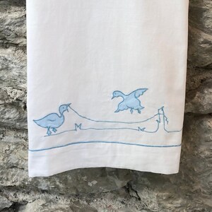 French Crib sheet with two Ducks or Geese. Vintage Pure Cotton White and Baby Blue Crib Sheet. Cot Bedding Sheet with Birds. FREE DELIVERY!!